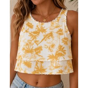 Le Lis Tropical Crop Tank Top Islandcore Parrot Palm Tiered Boxy Resort Medium